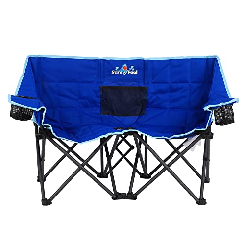 SUNNYFEEL Kids Folding Double Camping Chair, Portable Kids Camping Chairs 2 Seat Chair, Blue Padded Foldable Lawn Chairs w...