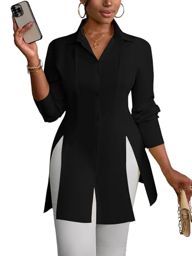 LYANER Women's Button Down Shirt Dress Collar V Neck Long Sleeve Slit Sexy Shirt Dresses