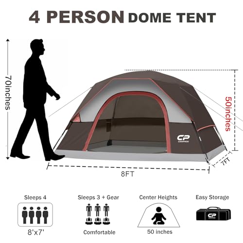 CAMPROS CP Tents for Camping 4 Person Tent Waterproof Windproof Double Layer Camping Tent, Easy Setup Dome Tent with Large...