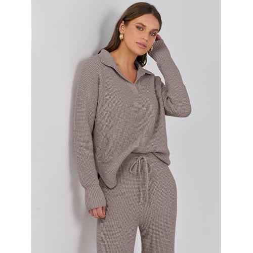 ANRABESS Women Two Piece Outfits Sweater Sets Lounge Waffle Knit Pullover Matching Wide Leg Pants Tracksuit 2025 Fall Fashion