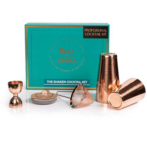 5 Piece Cocktail Kit by Bull In China - Premium Bartender Gift Set Includes Weighted 2 Piece Boston Shaker, Hammered Bell ...