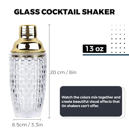 Gbuxska Glass Cocktail Shaker Set - Glass Shaker for Drinks, Shaker Set for Bars, Whiskey, Cocktails (Gold, 13 oz)