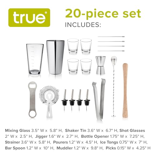 True 20-Piece Cocktail Shaker Bar Set with Wooden Stand Includes Boston Shaker, Mixing Glass, Muddler, Jigger, Strainer, B...
