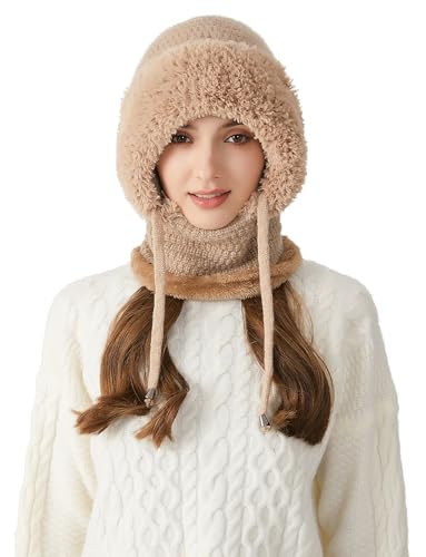SEAUR Women One-Piece Slouchy Winter Beanie Hats Fleece Lined Scarf Mask Warm Cap Balaclavas Knitted Hat with Drawstring