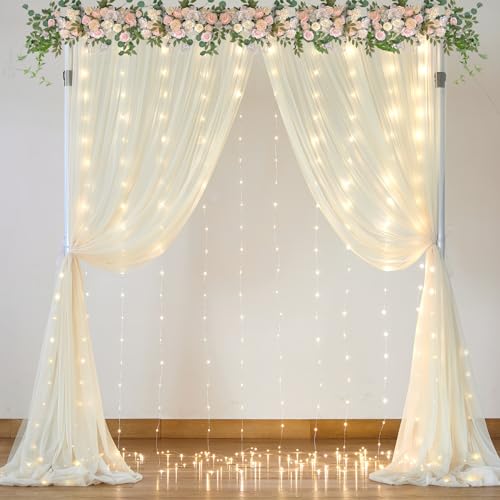 Ivory Sheer Backdrop Curtains with Lights String for Parites Wedding 10×8ft Tulle Backdrop Curtains for Baby Shower Birthd...