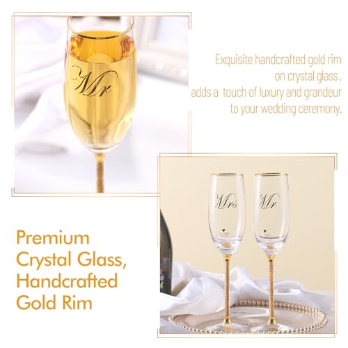 DUJUST Crystal Glass Wedding Champagne Flutes, Mr & Mrs Champagne Glasses with Handcrafted Gold Rim & 24K Gold Leaf Flake...