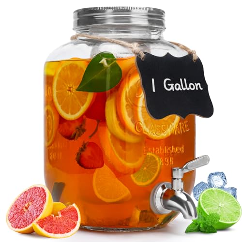 1 Gallon Glass Beverage Dispenser with Lid, Stainless Steel Spigot, Glass Drink Dispensers for Parties, Lemonade Dispenser...
