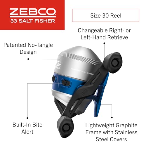 Zebco Salt Fisher 33 Spincast Reel and Fishing Rod Combo, 6-Foot 6-Inch 2-Piece Medium-Heavy Power, Moderate-Fast Action F...