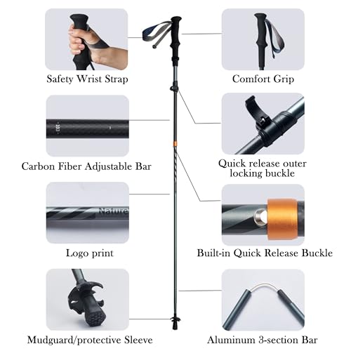 Naturehike 1 PCS UL 3K Carbon Fiber Trekking Pole-7075 Aluminum Adjustable Collapsible 3 Section Ultralight Hiking Stick w...