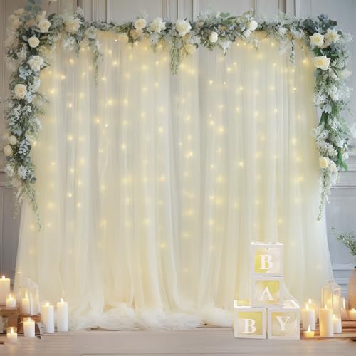 10ft x 10ft Ivory Backdrop Curtain with Lights String for Parties, Sheer Tulle Wedding Photo Backdrops Drapes for Baby Sho...