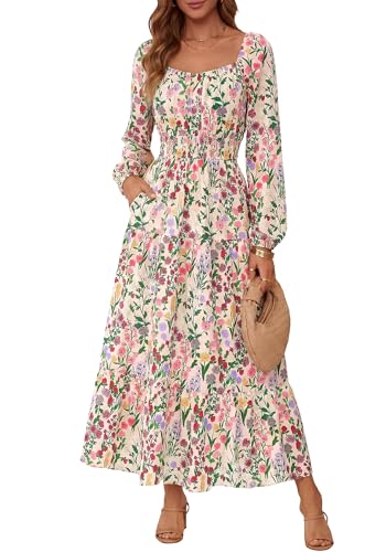 BTFBM Long Sleeve Dress for Women 2026 Spring Fall Boho Floral Square Neck Casual Flowy Long Wedding Guest Maxi Dresses