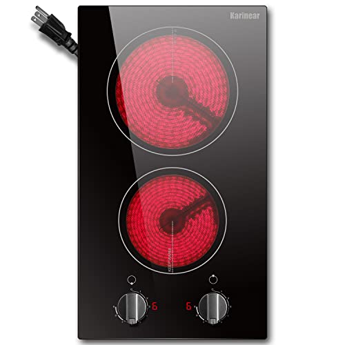 Karinear 110v Electric Cooktop 2 Burners, 12'' Electric Stove Top with Plug in, Knob Control Countertop & Built-in Ceramic...