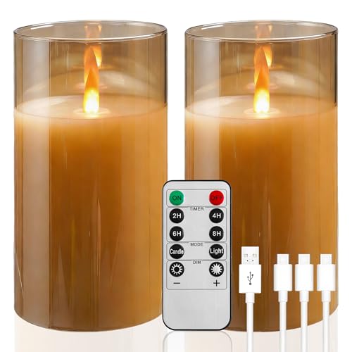 haitanghua 2 - Pack 6" Golden Rechargeable Flameless Pillar Candles with Remote & Timers，USB-Rechargeable Realistic Flickering Candles Real Wax - Ideal for Wedding & Festival Home Decoration