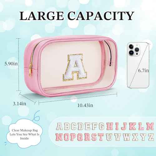 YOOLIFE Graduation Teacher Gifts Initial Clear Makeup Bag Birthday Gift Travel Toiletry Preppy Cosmetic Bags Birthday Gift for Girls Kids Travel Essentials Clear Toiletry Bag A