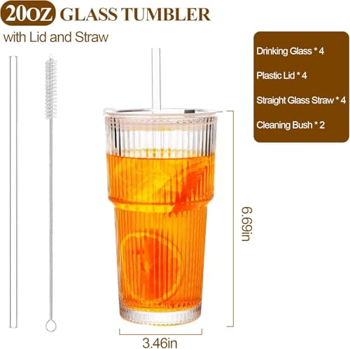 Snextek 20oz Ribbed Glass Tumblers with Lids and Glass Straws -4-Piece Set, Thickened for Iced Coffee, Smoothies,Cocktails...
