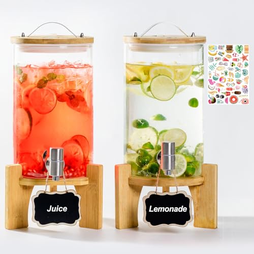1.2 Gallon Large Glass Drink Dispenser For Parties, Beverage Dispenser with Bamboo Wood Stand and Stainless Steel Spigot, ...