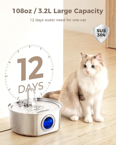 Cat Water Fountain Stainless Steel: 108oz/3.2L Cat Fountain for Drinking- Pet Water Fountain Inside - Automatic Dog Wateri...