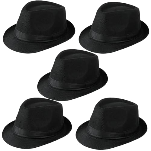 5 Pack Bulk Cuban Fedora Sun Hats Men with Adjustable Strap, Short Brim 1920s Unisex Party Costume Hats Women.