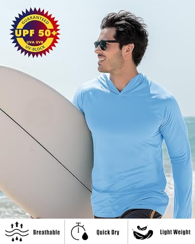 Men’s UPF 50+ Sun Protection Rash Guard Lightweight Quick Dry Long Sleeve Hoodie Shirt Hiking Fishing Swim