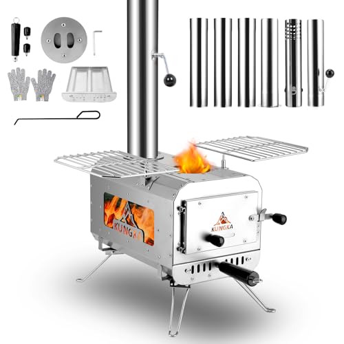 KUNGKA Tent Stove, 7.3ft height Portable Wood Burning Stove, Small Stainless Steel Hot Tent Stove with 6 Chimney Pipes for...