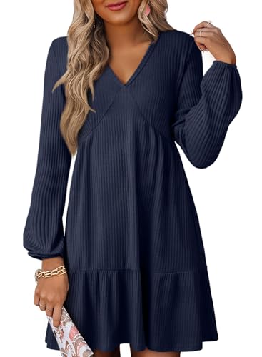 Dokotoo Spring Dresses for Women 2026 Long Sleeve V Neck Lightweight Ribbed Knit Empire Waist Casual A Line Swing Mini Dress