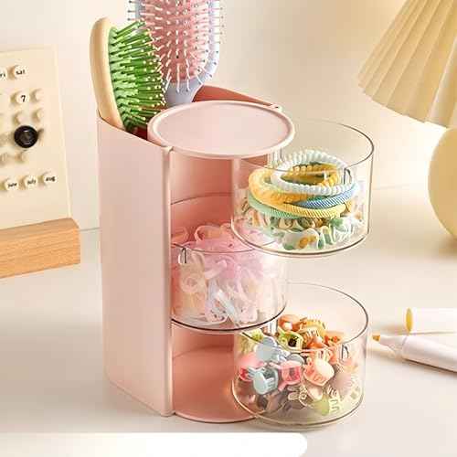 Hair Accessories Organizer with Hair Brush Holder, Rotatable Makeup Brush Holder for Necklaces, Earring, Bracelet, Ring, Makeup Brushes, Hair Clip and Hair Accessories (Pink, 3-Layer)