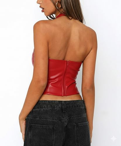 Coloquin Women Sexy Leather Top Sweetheart Neckline Halter Tops Backless Club Party Rave Going Out Tops