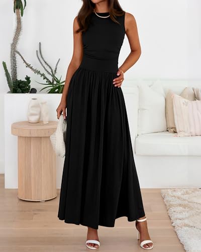 BTFBM Summer Maxi Dresses for Women 2026 Spring Sleeveless Casual Ruched High Waisted Long Sundress Flowy Beach Dress
