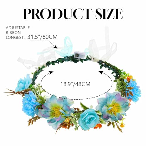 DRESBE Light Up Floral Headband LED Flower Wreath Crown Headbands Glowing Festival Garland Hair Accessories for Women (Blue)