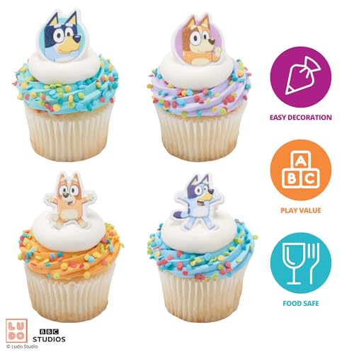DecoPac Bluey So Much Fun Rings, 24 Cupcake Decorations Featuring Bluey, Bingo, Bandit, and Chilli, 3D Food Safe Cake Topp...