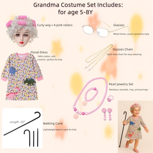 QAQ-COSPLAY 100 days of school costume - old lady costume for kids - School Grandma Costume for kids 5-8