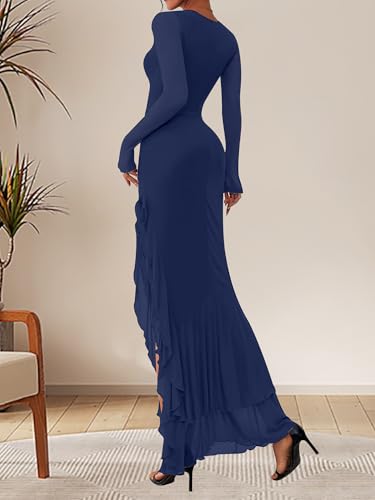 BORIFLORS Women's Bodycon Ruched Mesh Long Sleeve Maxi Dress Mermaid Ruffle Formal Cocktail Party Long Dresses