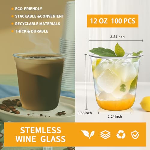 RMERVE Disposable Stemless Glasses 12oz Crystal Plastic Cups Disposable Cold Party Drinking Cups Wine Glasses for Meeting ...