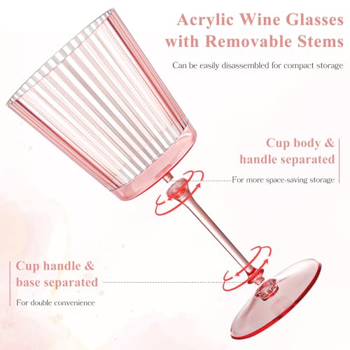 12 PCS Pink Plastic Wine Glasses with Removable Stems 13.5 Oz Pink Ribbed Wine Glasses Square White Wine Glass Muted Paste...