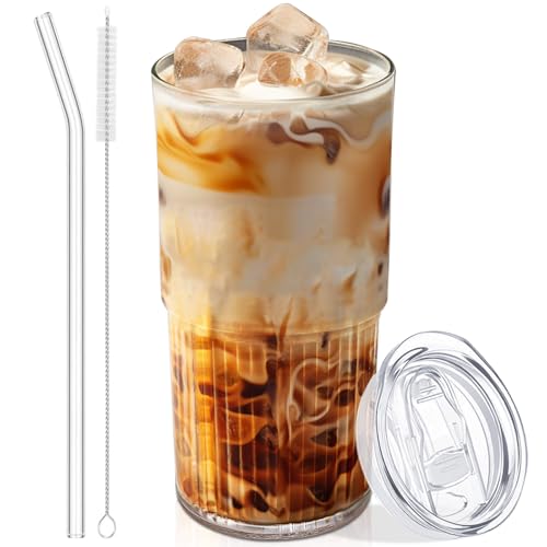 Luiaiog 18.5oz Glass Cups with Lids and Straws – Single Reusable Tumbler, Thickened Shatter-Resistant Glass, Ideal for Ice...