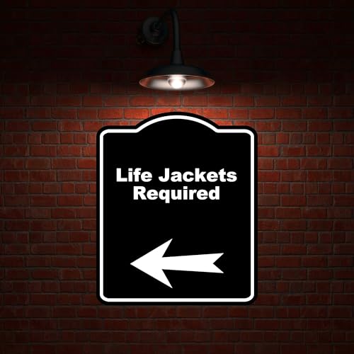 Life Jackets Required Black Sign Arrow Left Aluminum Composite Sign 20 x 24 inches