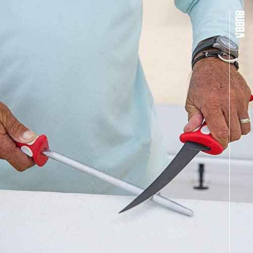 Bubba 10 Inch Honing Steel with Non-Slip Grip Handle, High Carbon Stainless Steel Construction, Lanyard Hole, and Synthetic Sheath for Fishing Knives