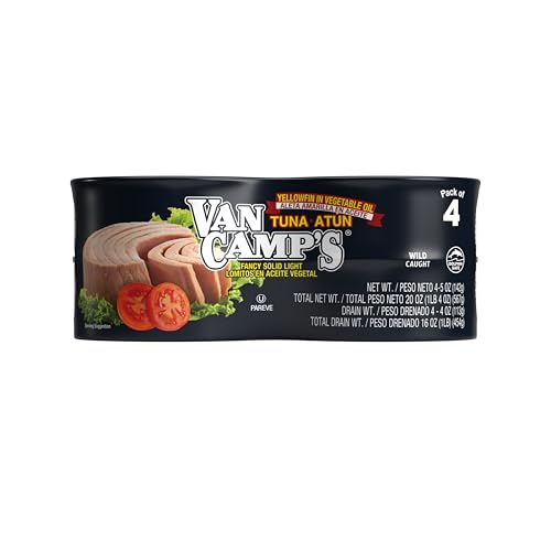 Van Camp's Seafood Solid Light Yellowfin Tuna in Oil, 4-5 oz. Cans (Pack of 6), Wild Caught Canned Tuna