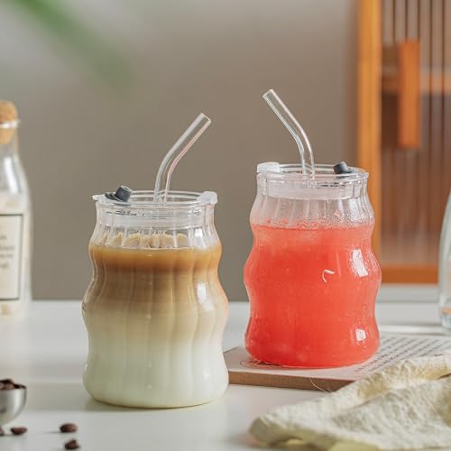 KEMORELA 4PCS Ribbed Glass Cups with Lids & Straws – 18oz Vintage Wavy Coffee Cups, Bubble Glass Aesthetic for Iced Coffe...