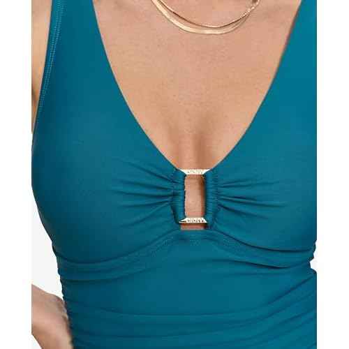 DKNY Women's V-Neck Ring Detail One Piece Swimsuit with Tummy Control