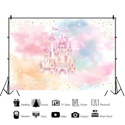 5x3ft Princess Castle Backdrop for Girl Birthday Pastel Rainbow Pink Castle Photography Background Birthday Baby Shower Pa...