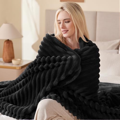 EXQ Home Fleece Throw Blanket for Couch or Bed - 3D Stripe Jacquard Decorative Blankets - Cozy Soft Lightweight Fuzzy Flan...