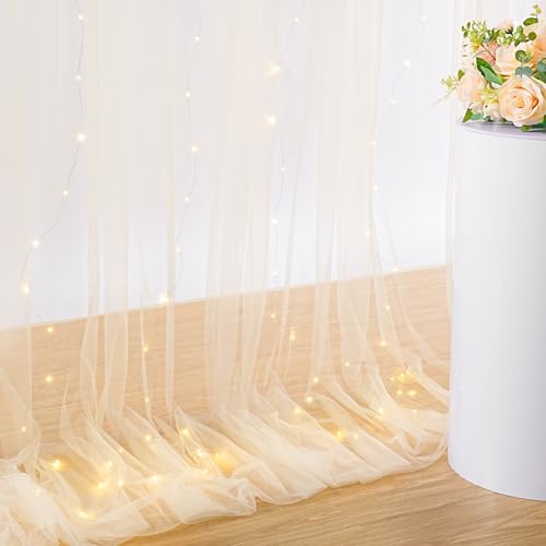 Beige Tulle Backdrop with Lights String 2 Panels 5×10ft Wedding Curtains Drapes for Party Bridal Shower Photo Booth Decor