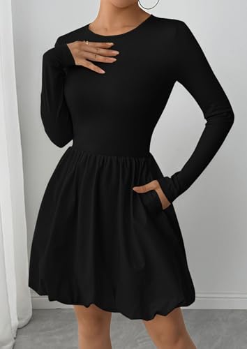 PRETTYGARDEN Fall Dresses for Women 2026 Casual Long Sleeve Bubble Cute Crew Neck A Line Mini Short Dress with Pockets