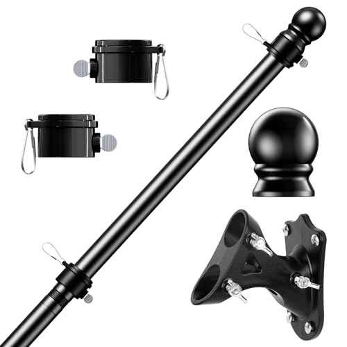 PHITRIC Flag Pole Kit, Tangle Free Spinning Stainless Steel Rustproof Flagpole for 3x5 Sports Fan Outdoor Flags for Outside House (Black, 6FT, with Bracket)