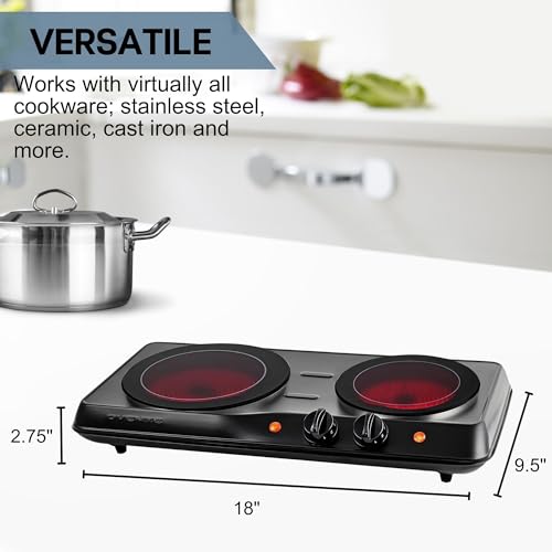 OVENTE Countertop Infrared Double Burner, 1700W Electric Hot Plate and Portable Stove with 7.75" and 6.75" Ceramic Glass C...