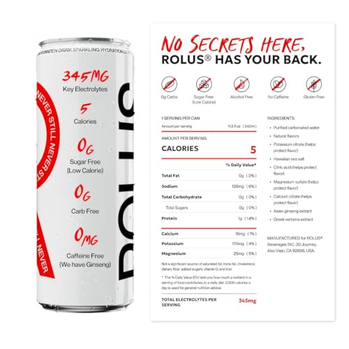 ROLUS Sparkling Electrolyte Hydration, 11.5 oz (12 pack), 345mg Electrolytes, No Sugar, No Caffeine, No Dyes