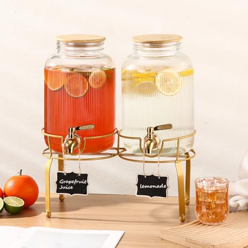 1 Gallon Glass Drink Dispenser with Stand, 2pack Drink Dispensers For Parties, Beverage Dispenser With Bamboo Lid and Stai...