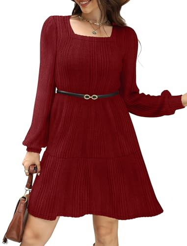 Sampeel Womens Square Neck Long Sleeve Fall Dresses Casual Babydoll Sweater Dress