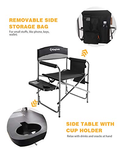 KingCamp Camping Foldable Padded Director Arm Chair with Side Table and Pocket, Grey